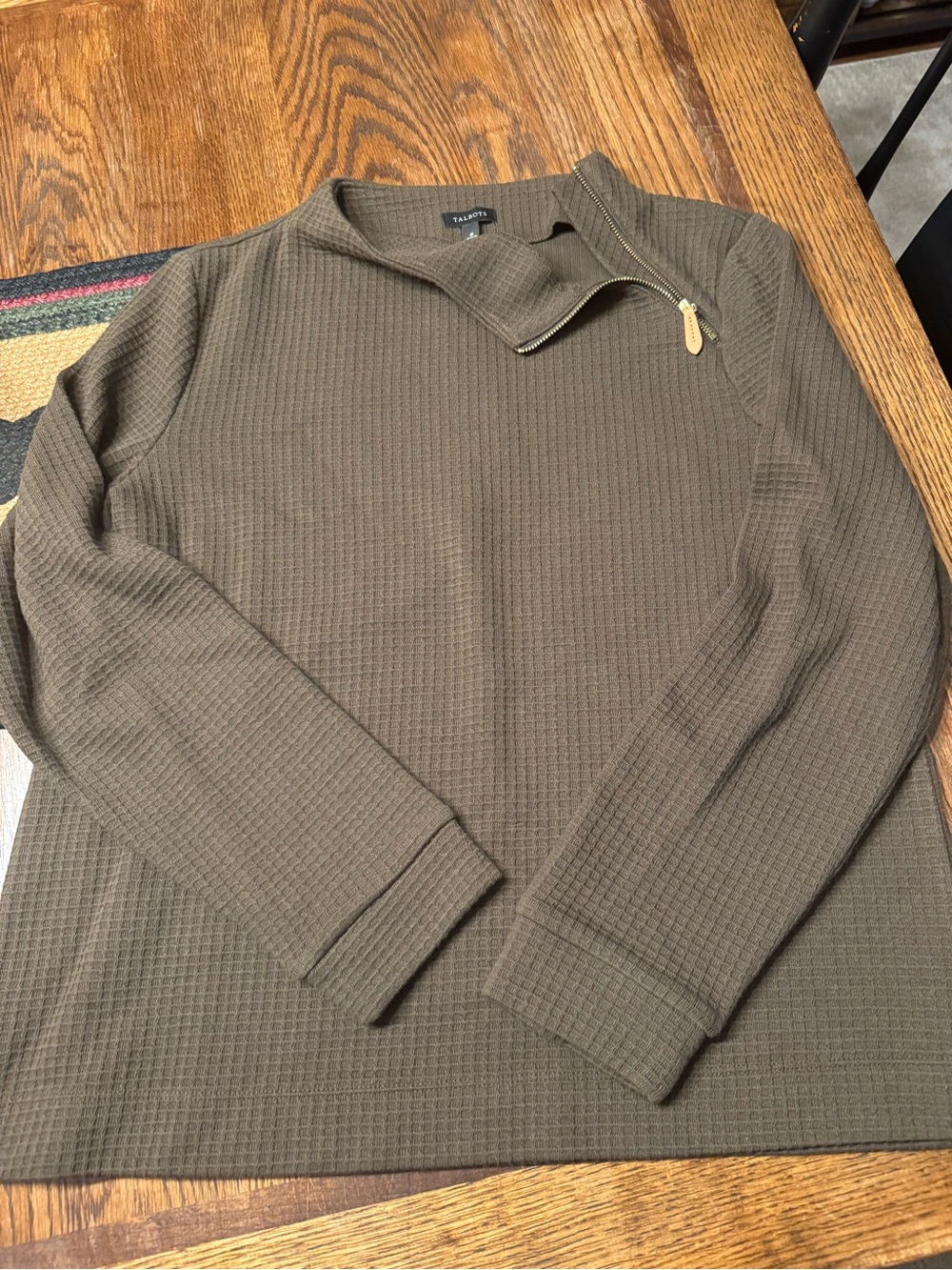 Talbots Women’s Olive Brown Quarter-Zip Waffle Knit Pullover